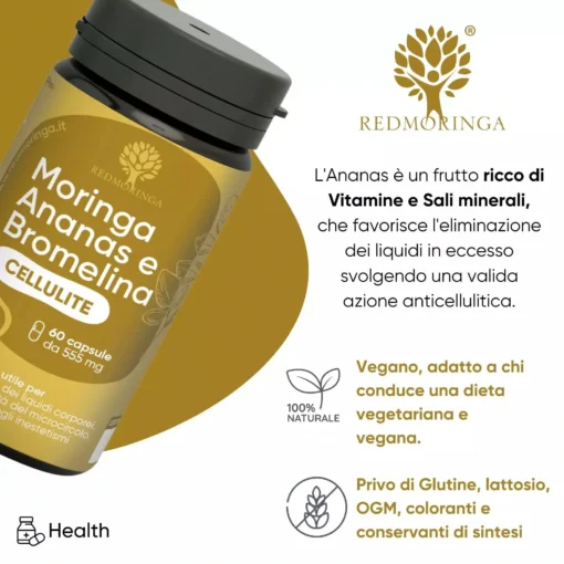RedMoringa Integratore Anti-Cellulite e Drenante Forte con Bromelina 5000 GDU, Ananas e Moringa 60 cps - immagine 2