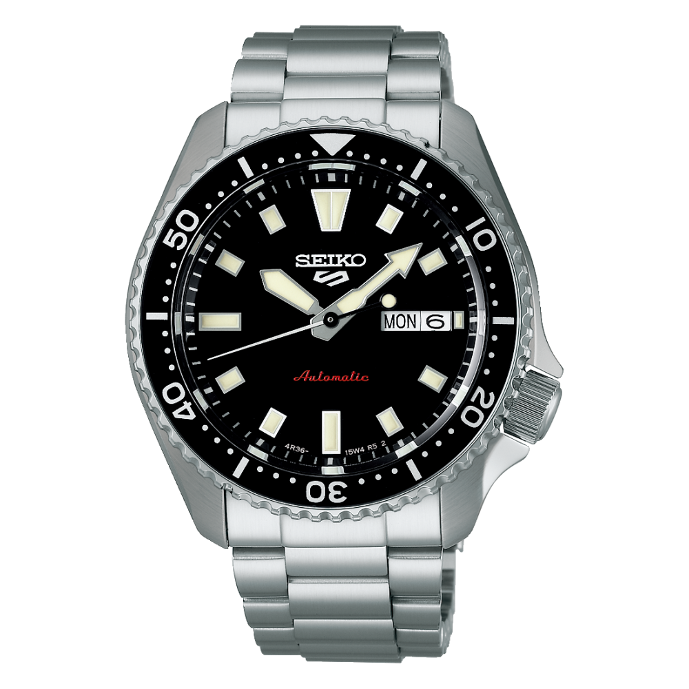 Seiko 5 Sports Orologio Automatico 3 sfere data quadrante nero con ghiera bracciale acciaio SRPL85k1