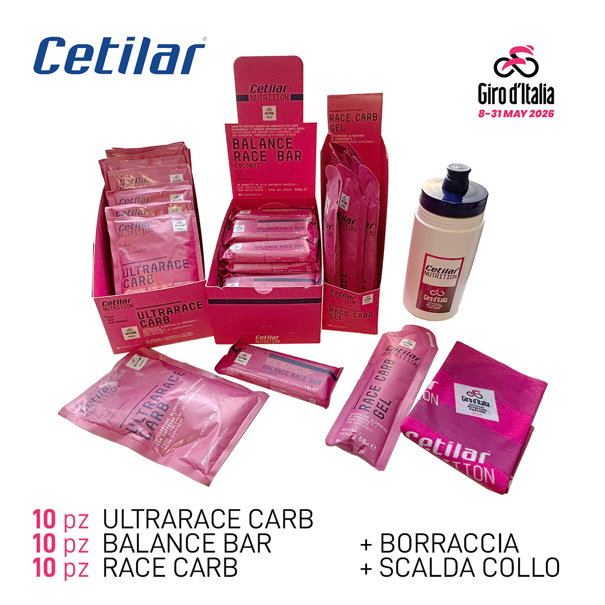 Cetilar KIT-10 ciclismo barretta gel e busta da sciogliere in borraccia Giro d Italia 2026